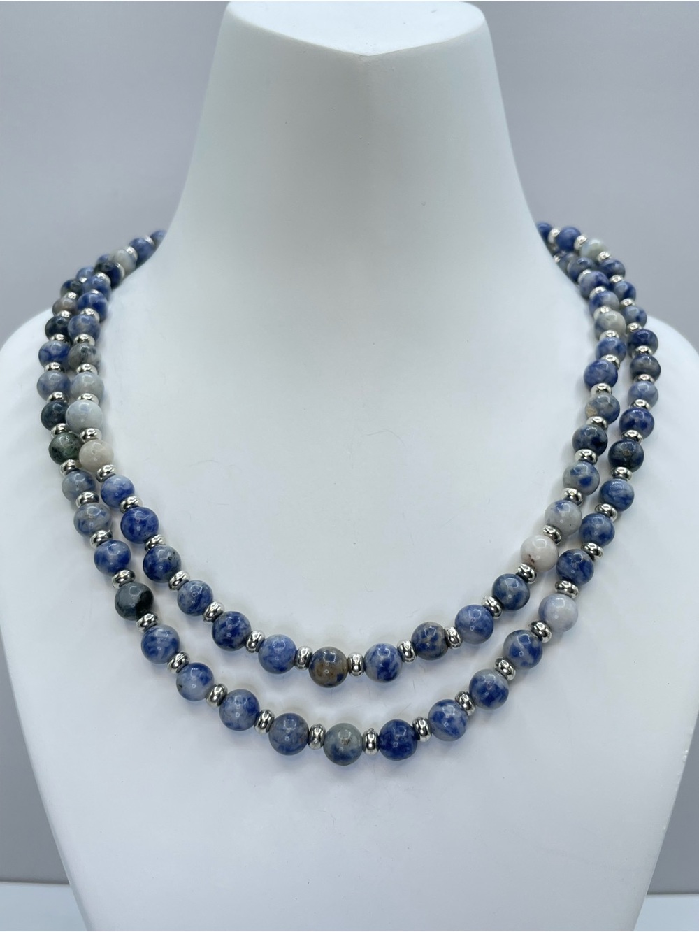Blue Sodalite Gemstone Beaded Necklace Silver Tone Boho Long Statement Jewelry